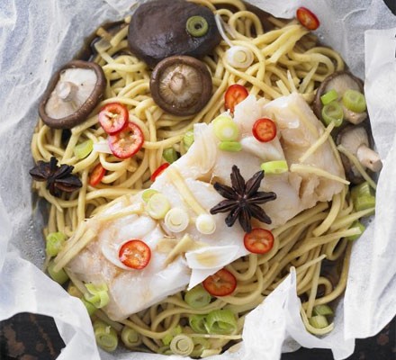 Asian steamed fish with shiitake and noodles