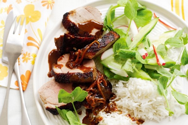 Asian-style duck with radish and cucumber salad and rice