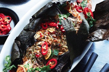 Asian-style fish baked in a banana leaf