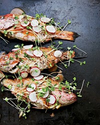 Asian-style grilled whole red snapper with radish salad