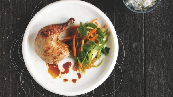 Asian-style roast chicken with cucumber salad and steamed ginger rice