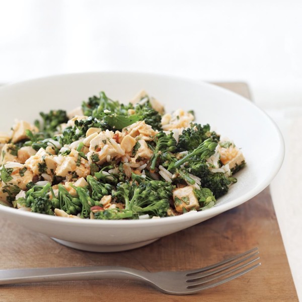 Asian-style tofu, rice, and broccoli salad