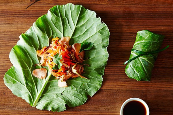 Asian summer rolls with leftover fish and market greens