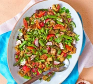 Asparagus & broad bean fattoush with crispy asparagus ends