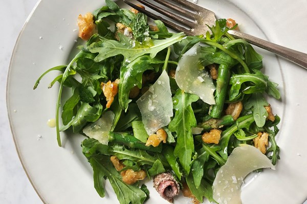 Asparagus & crispy beans with mint & Grana Padano