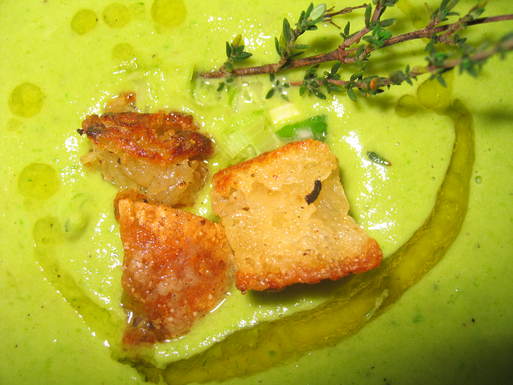 Asparagus & green garlic soup with Parmesan croutons