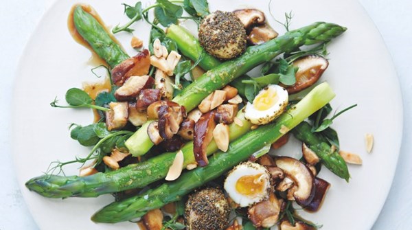 Asparagus, almonds, spiced quail eggs and shiitake with miso dressing