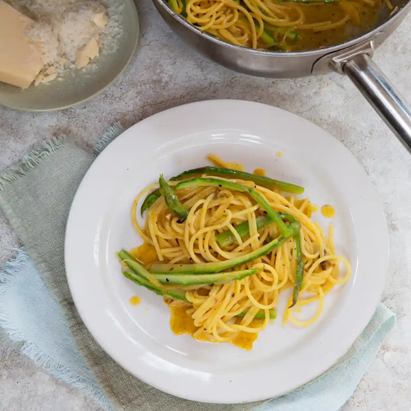 Asparagus, anchovy, Parmesan and egg spaghetti