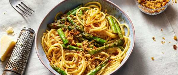 Asparagus and anchovy pasta with fennel seed pangrattato