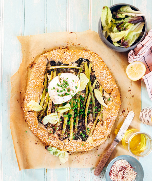 Asparagus and baby spinach galette with burrata and sumac