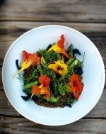 Asparagus and black garlic with quinoa