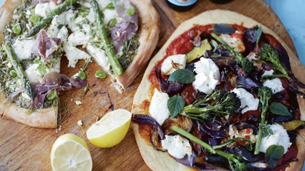 Asparagus and broad bean, with rocket and broad bean pesto [pizza]