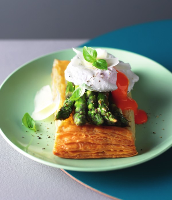 Asparagus and egg puff tarts with Parmesan and basil