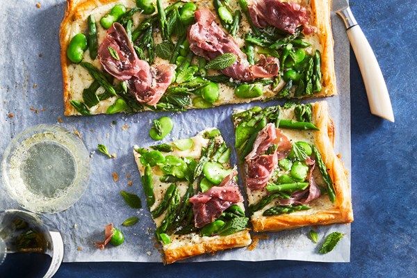 Asparagus and fava bean tart with herbed ricotta