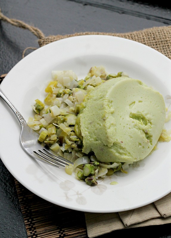 Asparagus and leek flan with escarole and potato hash