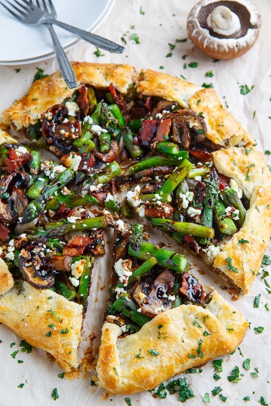Asparagus and mushroom galette with bacon, goat cheese and balsamic reduction