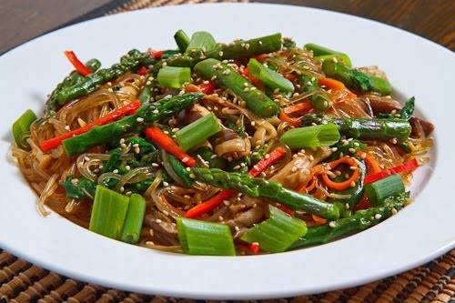 Asparagus and mushroom japchae