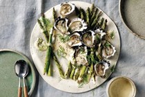 Asparagus and oysters with burnt butter dressing