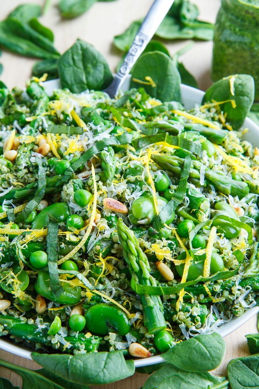 Asparagus and pea spinach pesto quinoa salad
