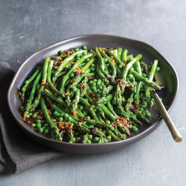 Asparagus and peas with tomato chutney vinaigrette