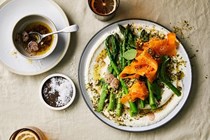 Asparagus and pickled carrot salad with ricotta and pistachio