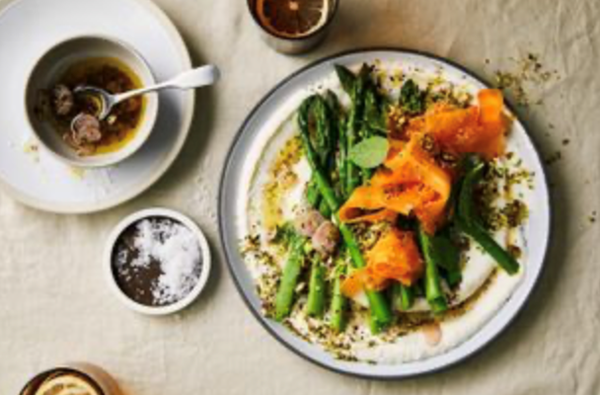 Asparagus and pickled carrot salad with ricotta and pistachio