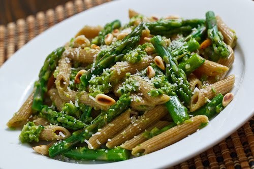 Asparagus and ramp pesto pasta