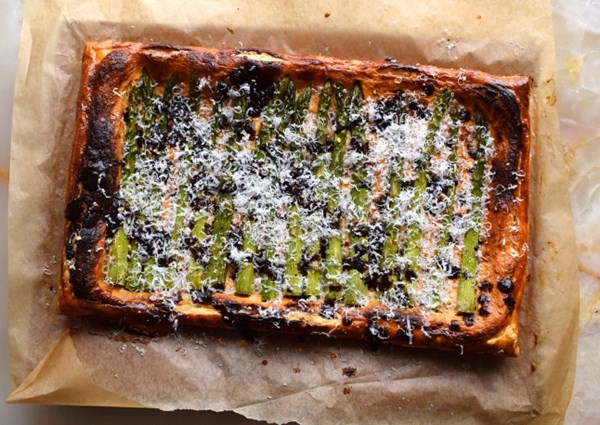 Asparagus and ricotta tart with miso and black garlic