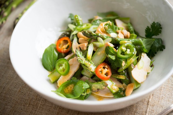 Asparagus and smoked chicken salad with ginger dressing