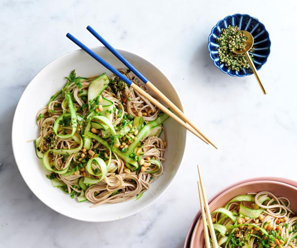 Asparagus and soba noodle salad with furikake pine nuts