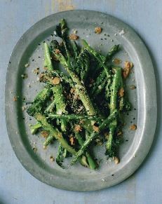 Asparagus and sprouting broccoli with peanuts and black sesame salt
