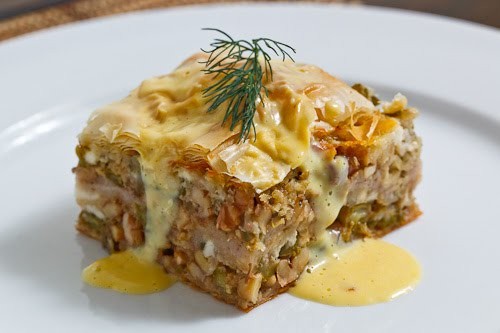 Asparagus and walnut phyllo pie (aka asparagus baklava) with avgolemono sauce