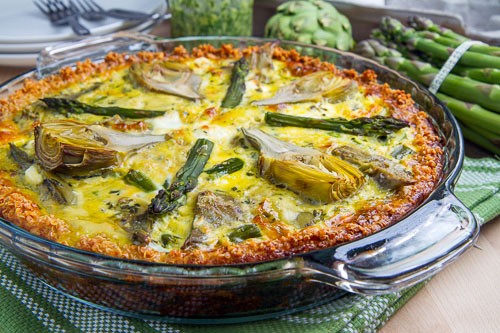 Asparagus, baby artichoke, pesto and goat cheese quiche with quinoa crust