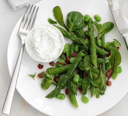 Asparagus, bean and bacon salad with soft cheese