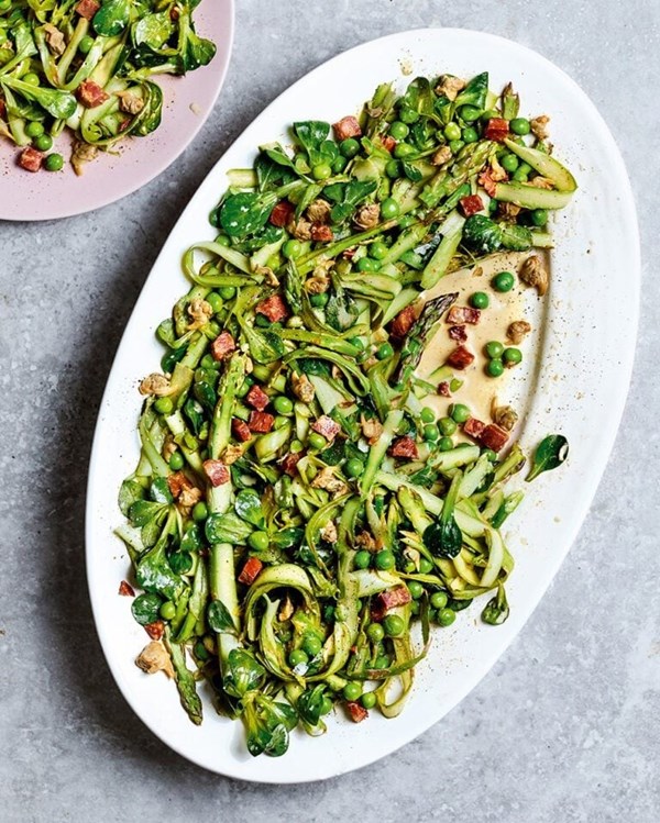 Asparagus, chorizo, pea and pickled cockle salad