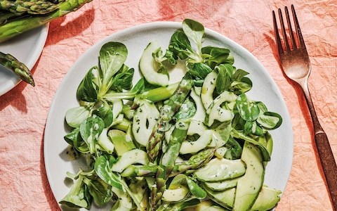 Asparagus, cucumber and avocado salad with elderflower and mint dressing 