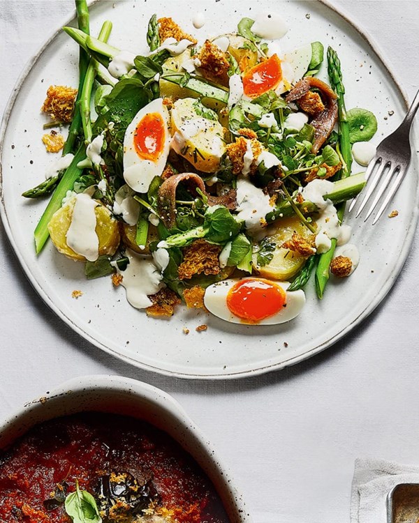 Asparagus, egg & potato salad with Caesar dressing & Parmesan croutons