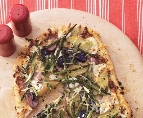 Asparagus, fingerling potato, and goat cheese pizza
