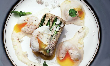 Asparagus flan with hazelnuts, poached quail's eggs and wild watercress