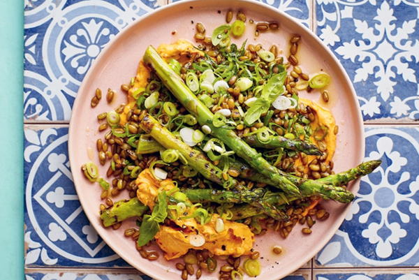 Asparagus, freekeh and rose harissa mascarpone