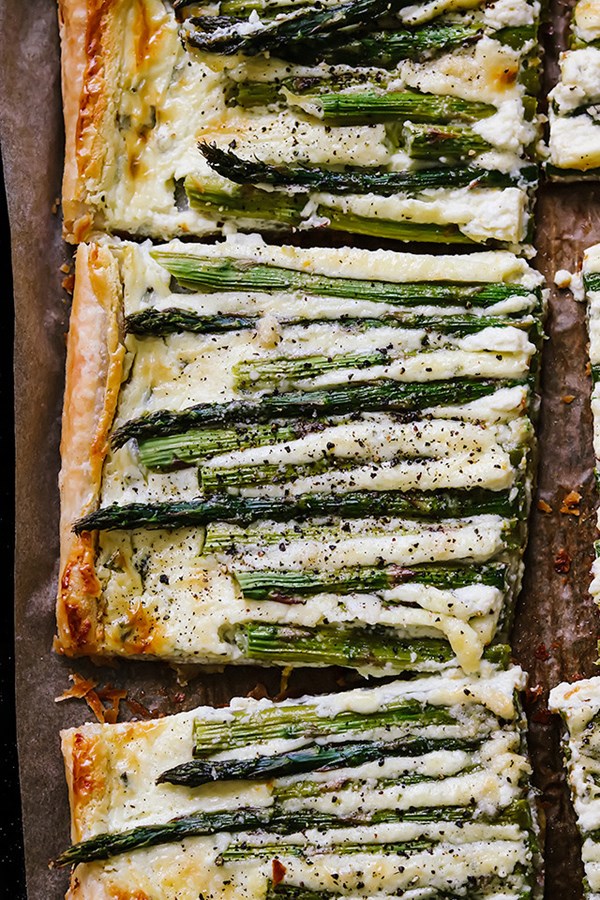 Asparagus, goat cheese, and chive tart