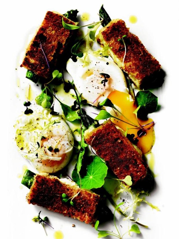 Asparagus grilled cheese with poached egg and greens