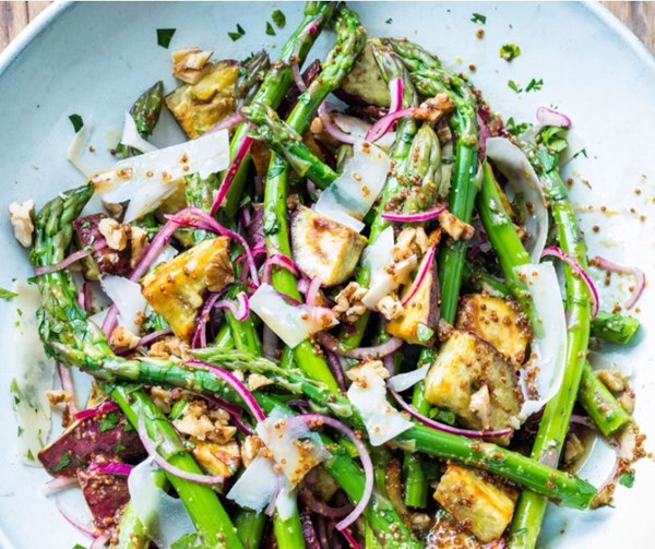 Asparagus, kumara, walnut and Parmesan salad