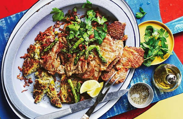 Asparagus migas (traditional bread dish), grilled pork