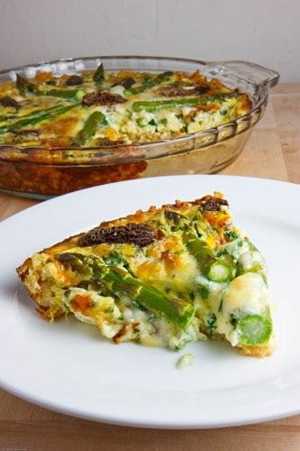 Asparagus, morel and ramp quiche with a brown rice crust