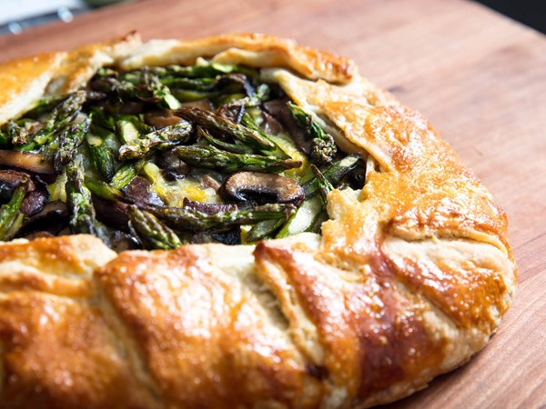 Asparagus, mushroom, leek, and cheese galette