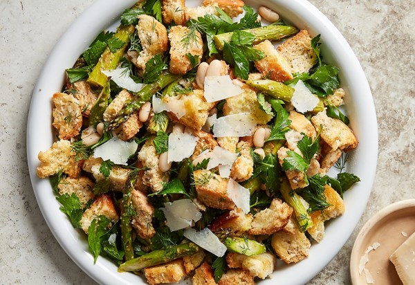 Asparagus panzanella with Parmesan, white beans and herbs