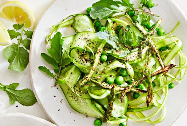 Asparagus, peas, and cucumber "cacio e pepe"