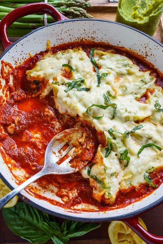 Asparagus pesto and ricotta stuffed shells