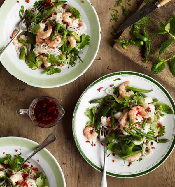 Asparagus, prawn and green bean salad with Thai dressing